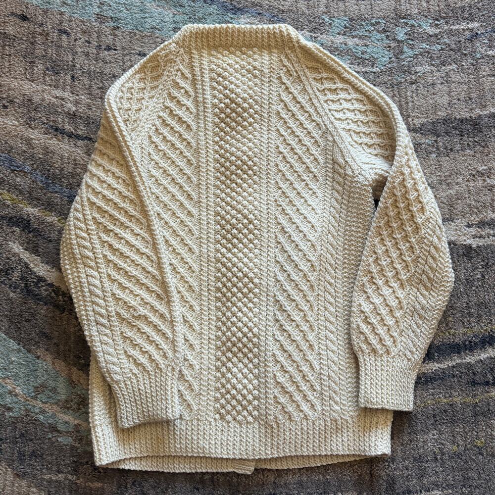 Vintage 80's Cardery Hand Knit Pure Wool Ireland Cream Knit Cardigan Sweater M - Picture 8 of 10